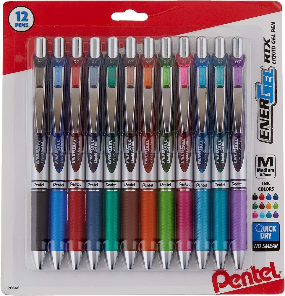Pentel EnerGel RTX Retractable (0.7mm) Assorted Gel Colors, 12 Pk (BL77BP12M)