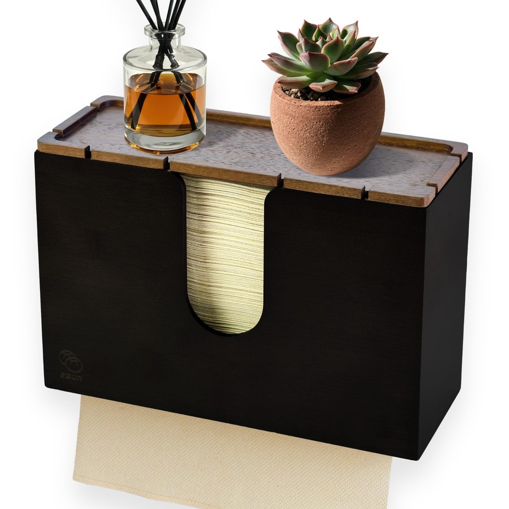 Bamboo Paper Towel Dispenser with Removable Wooden Lid Tray, Black