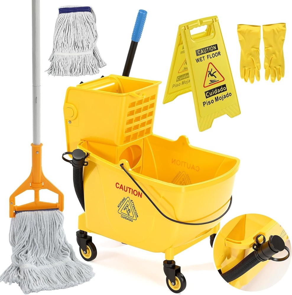 38 Qt Commercial Mop Bucket with Side Press Wringer on Wheels & Mops Set