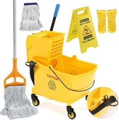 38 Qt Commercial Mop Bucket with Side Press Wringer on Wheels & Mops Set