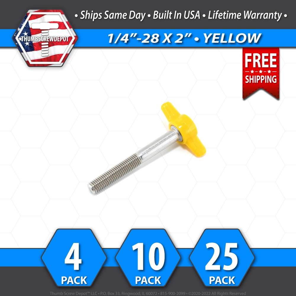 1/4″-28 x 2″ Thumb Screw Stainless Steel – Yellow Tee / Wing Knob – USA