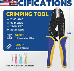 Crimping Tool for Insulated Electrical Wire Connectors-Awg 22-10 Ratchet Crimper