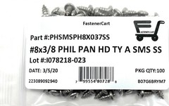 (100) #8 x 3/8 Stainless Steel Phillips Pan Head Sheet Metal Screws Type A