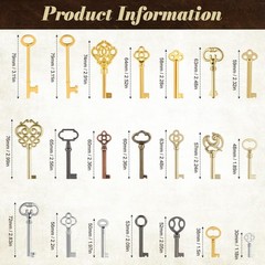 21PCS Hollow Skeleton Keys Antique Brass Zinc DieCast Decorative Furniture Lock