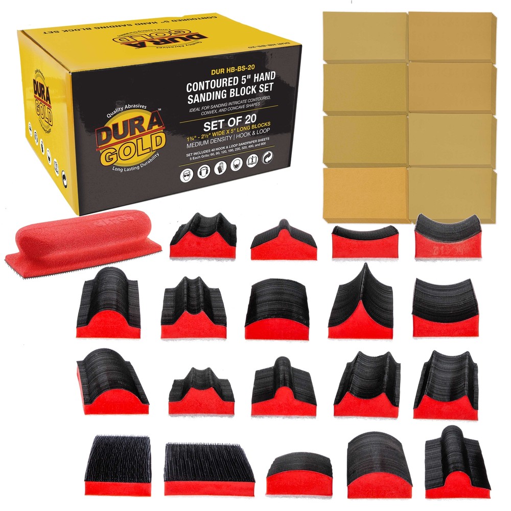 Dura-Gold 20-Piece Contoured 5″ Hand Sanding Block Set, 40 Hook & Loop Sandpaper