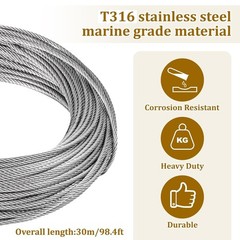 1/8″ Stainless Steel Cable 100ft Wire Rope Metal Cable with Loop Sleeve and S…