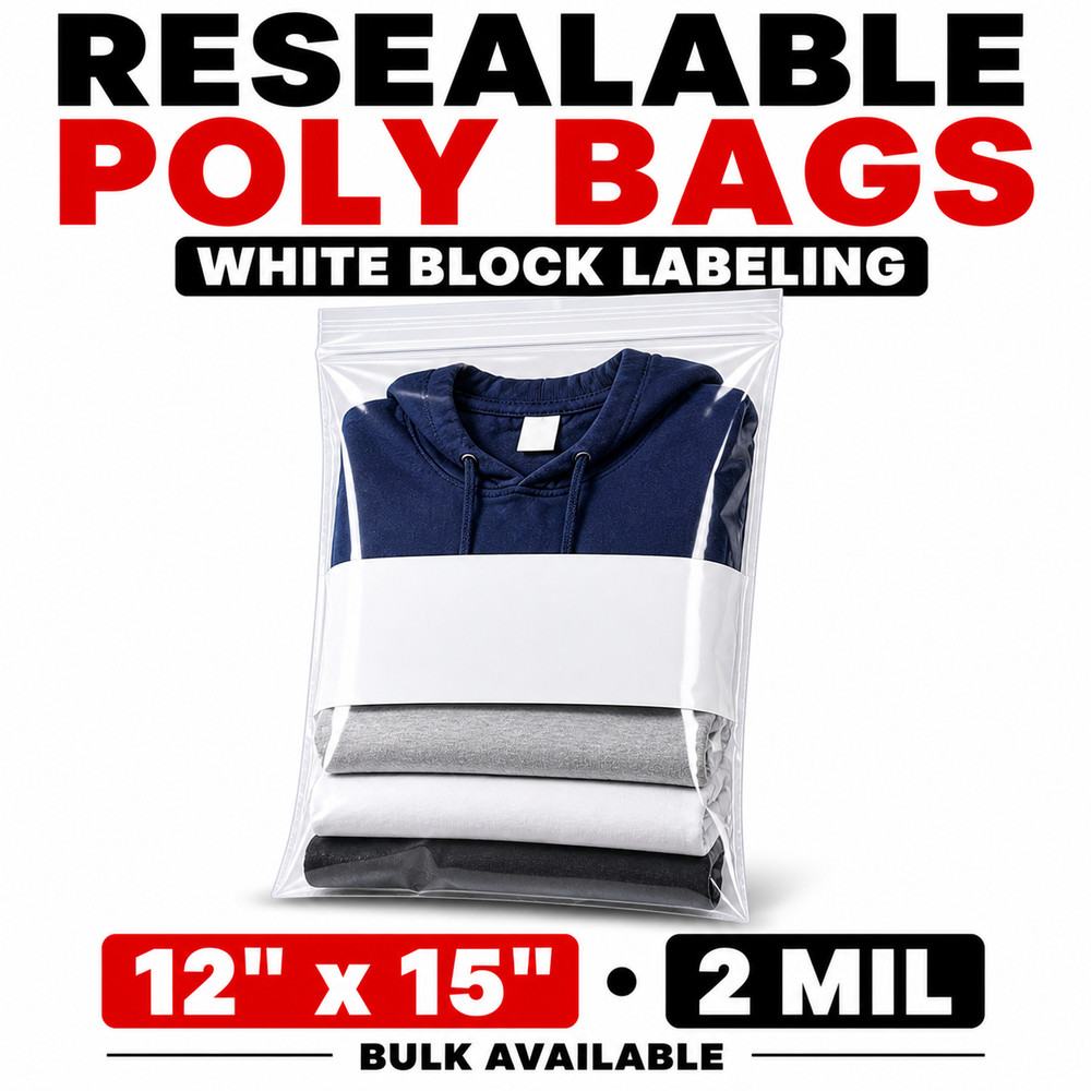 Clear Reclosable Poly Bags 12×15 2 Mil Zip White Block Labeling Bulk Packs