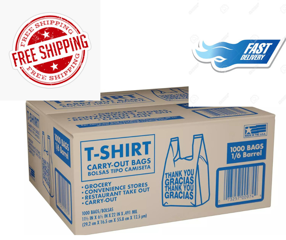 T-Shirt Carry-Out Bags, 11.5″ x 6.5″ x 22″ {1,000 ct.} NO SHIP TO NY,NJ,CA.