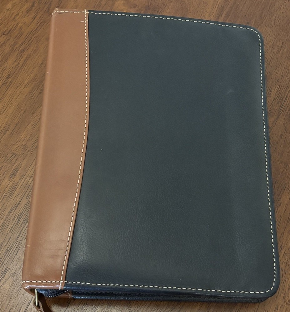 VTG Franklin Quest Full Grain Leather 7 Ring Zipper Black W/ Brown 8.25”x10.5”