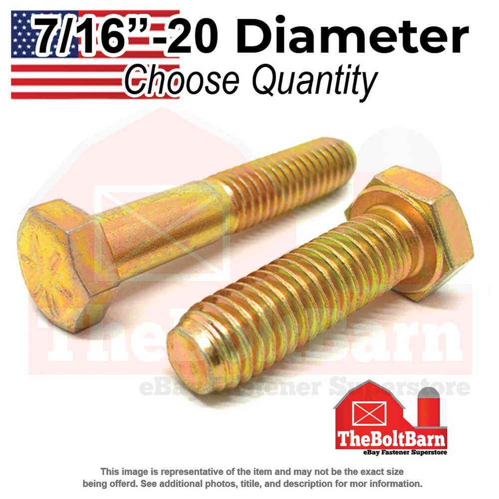 7/16″-20 Grade 8 Fine Hex Cap Screws Zinc Yellow USA Made (Choose Length & Qty)