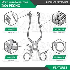 Weitlaner Retractor 6.5″ 3×4 Prong Sharp Surgical Veterinary Instrument German G