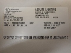 Abolite Lighting Model ML-100-MH-MT For MH-M90 Lamp Tested And Working No Bulb