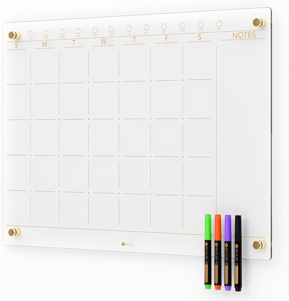 Frameless Clear Glass Monthly Dry Erase Calendar Whiteboard 17″ x 23