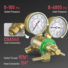 Oxygen Regulator CGA540 0-4000PSI 0-100PSI Gauges with T-Handle & Hose Connector