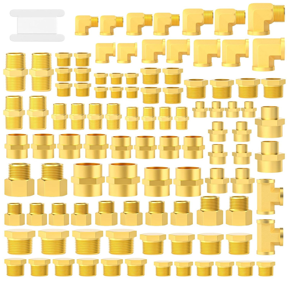 104Pcs Brass Pipe Fittings Assortment Kit, Reducing Adapter, Hex Nipple, Female
