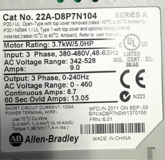 Allen-Bradley PowerFlex 4 AC Drive, 22A-D8P7N104/A, 380-480V, 3PH, 3.7kW/5.0HP