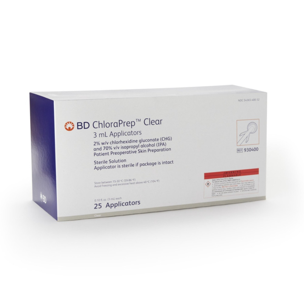 Box of 25 BD 930400 Chloraprep Clear 3ml Applicators, EXP 2028