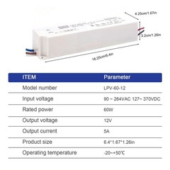 MEAN WELL 60W LPV-60-12 Sealed Panel Mount LPV Series AC-DC 12-volt 5-Amp Power