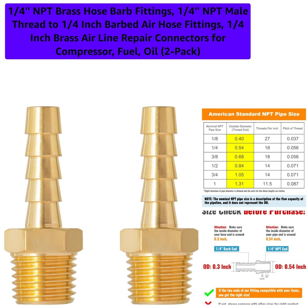 1/4” NPT Brass Hose Barb Fittings, 1/4” NPT Male Thread to 1/4 Inch Barbed …