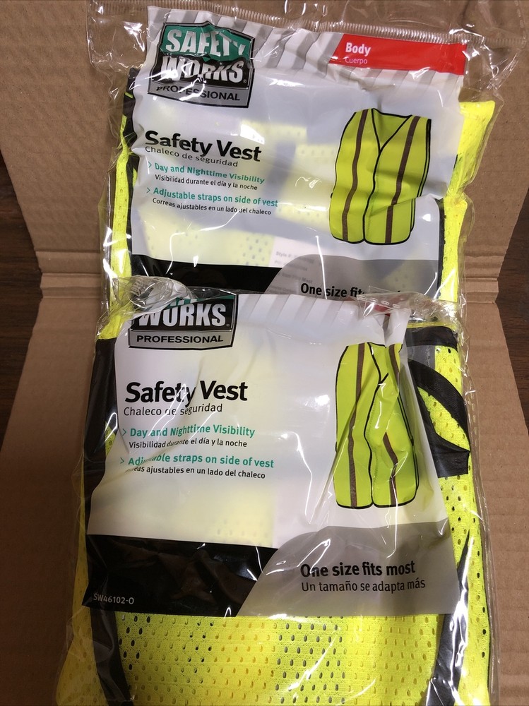 Lot Of 2 Safety Works One Size Fits Most High Visibility Reflective Safety Vest
