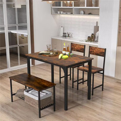 4-Piece Dining Table Set Rustic Desk 2 Chairs and Bench with Storage Rack Brown