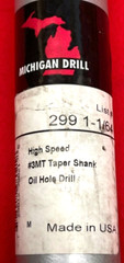 MICHIGAN DRILL HIGH SPEED STEEL 299 1-1/64 #3MT TAPER SHANK OIL HOLE DRILL