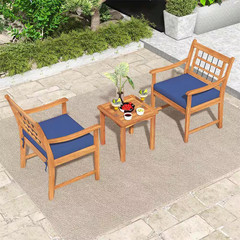 3-Piece Acacia Wood Outdoor Bistro Set with Coffee Table for Porch and Navy Cush