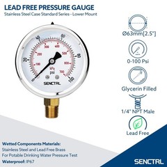 0-100 PSI kPa Water Pressure Gauge Glycerin Filled Liquid Dial Manometer Tester