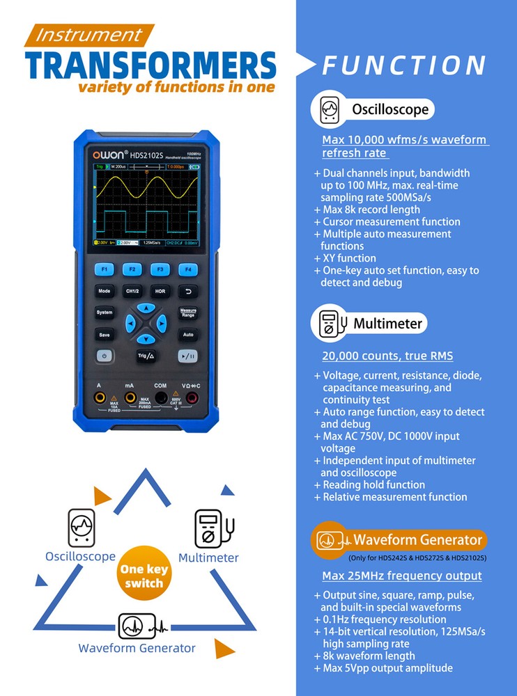 OWON HDS2102S Handheld Digital Oscilloscope 3.5″ LCD 100MHz 500MS/ 1CH Generator