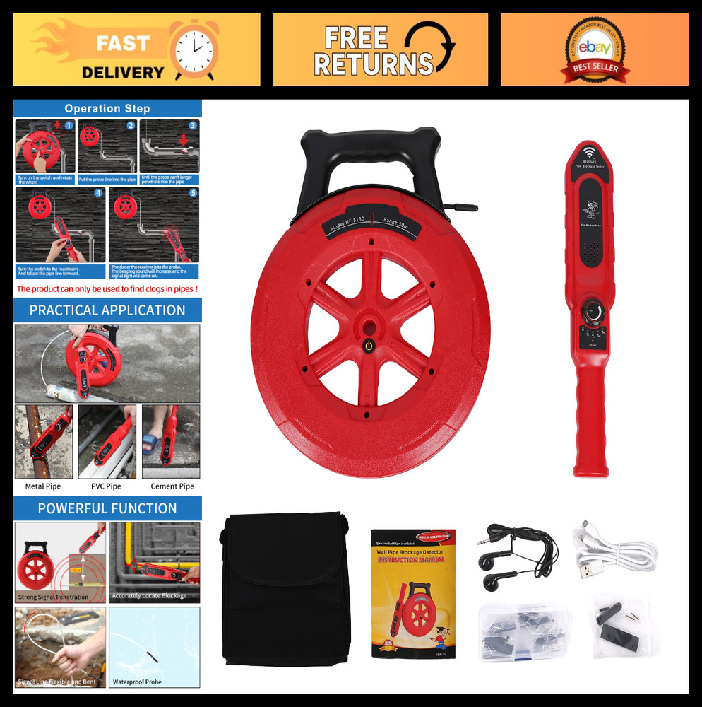 Pipe Blockage Detector – 40M Water Pipe Scanner for Metal & PVC Clogging Tool