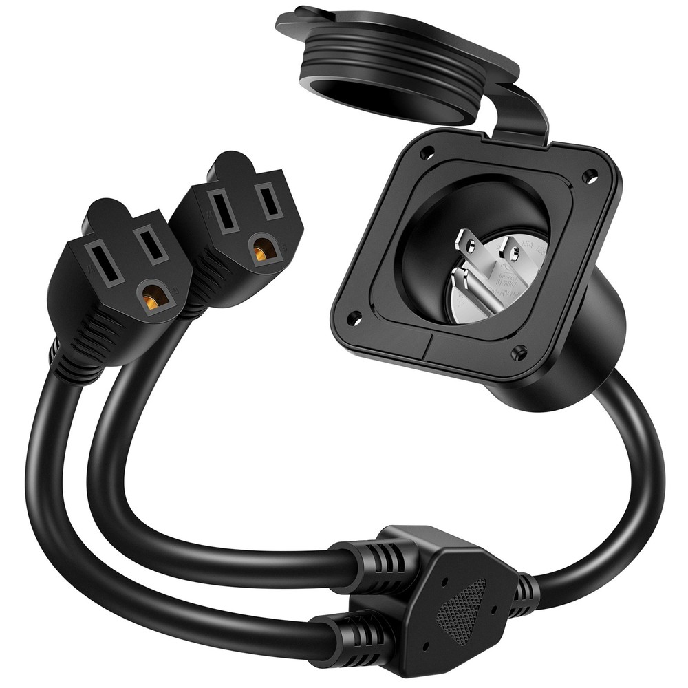 15Amp AC Port Plug,125V Power Inlet Socket w/Dual 18in 14AWG Splitter Extension