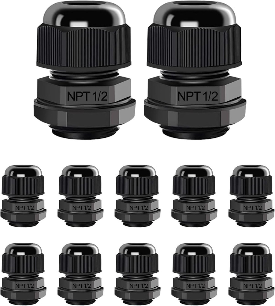 12 Pcs 1/2″ NPT Cable Glands Nylon PA66, IP68 Waterproof Adjustable Power Strain