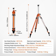 VEVOR Laser Level Tripod Stand 5/8″-11 Thread 45.07-114.37 in Height Adjustment