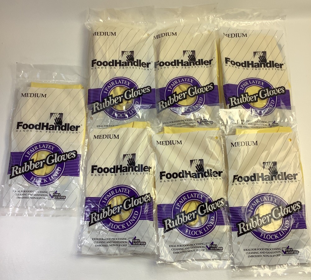Lot Of 7 Food Handler Flock Lined Latex Rubber Gloves – Medium – 7 Pairs Total