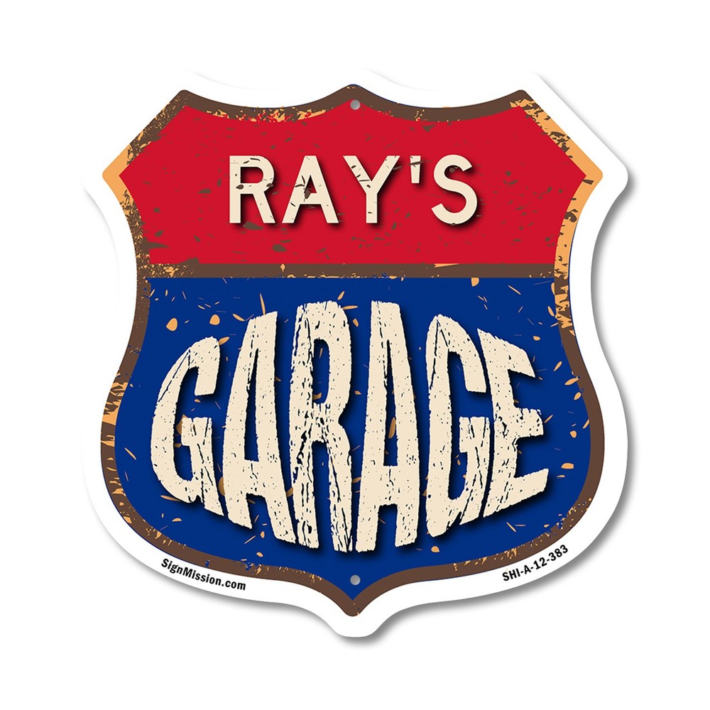 Ray’s Garage Shield Shaped Sign Weather Resistant Crafted in the USA