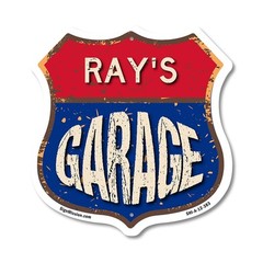 Ray’s Garage Shield Shaped Sign Weather Resistant Crafted in the USA