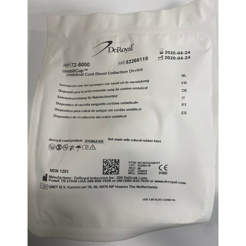 *1-Pack* DeRoyal UmbiliCup Umbilical Cord Blood Collection Device 72-8000