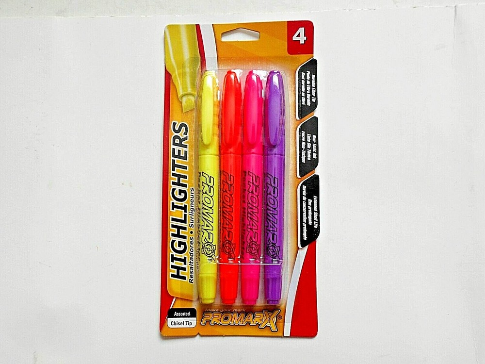 Promarx Highlighters Chisel Tip Assorted Colors 4 pack