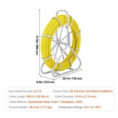 Fish Tape Fiberglass, 600 ft, 5/16 in, Duct Rodder Fishtape Wire Puller
