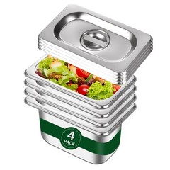 Hotel Pan With Lid 1/9 Size – 4″ Deep 4 Packs Stainless Steel Food Pan for Steam