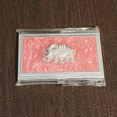 Vintage Pink Elephant Silver Card Holder Green & White Faux Diamonds