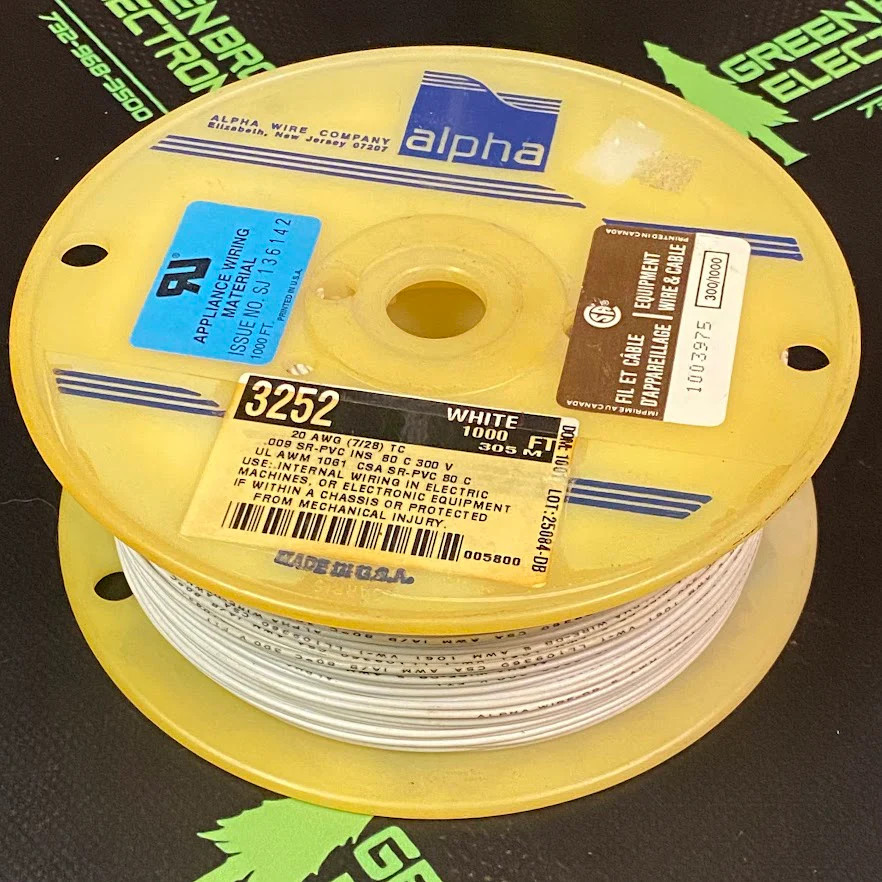 3252 – ALPHA WIRE – 1000FT WHITE 20 AWG Tinned Copper 80°C / 300 VRMS