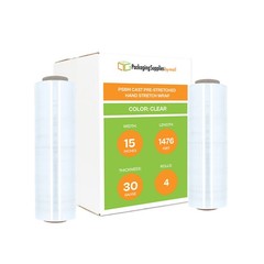 4 Rolls 15″ x 1476′ (30 Gauge) Pre-Stretch Shrink Wrap Plastic Hand Film Clear