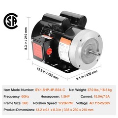 1.5HP Electric Motor 1725 rpm, AC 115V/ 230V, 56C Frame, Air Compressor Motor