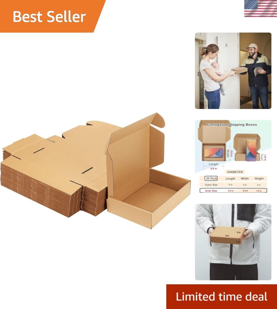 Sturdy 9x6x2 Corrugated Cardboard Mailing Boxes – 50 Pack for Safe Shipping