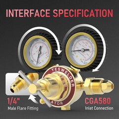 Nitrogen Regulator with Hose, 0-600&0-4000PSI Output Pressure, CGA580 Connection