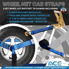USA 4 Pack 2″ x 10′ Side Mount Wheel Net Tie Down Kit w/Wire J Hook Auto Hauler