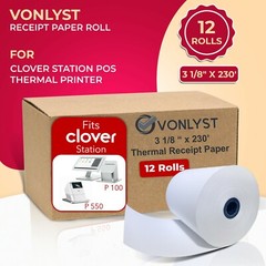 Vonlyst Thermal Receipt Paper Rolls 3 1/8″ x 230′ for Clover Station (12 rolls)