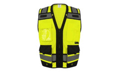 Safety green surveyor vest with tablet pocket.