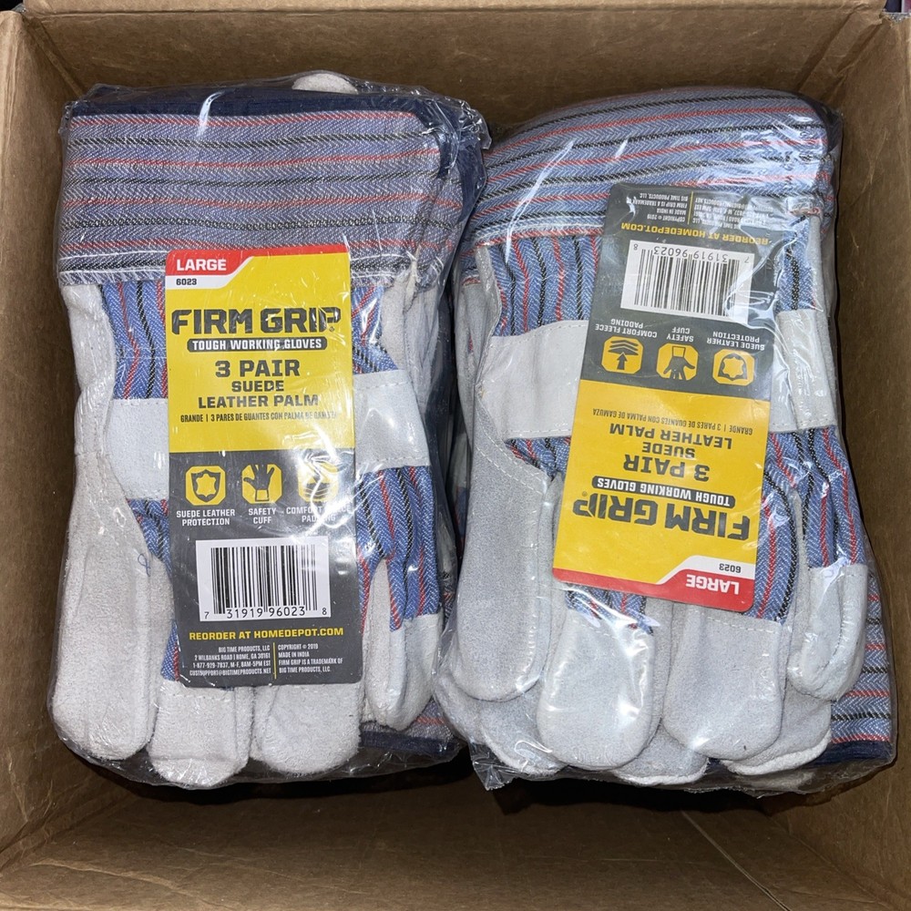Lot Of 12 – Firm Grip Leather-Palm Size: Large Gloves – 3 Pairs Per Pack All New